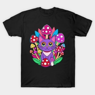 Purple trippy cat and mushrooms T-Shirt